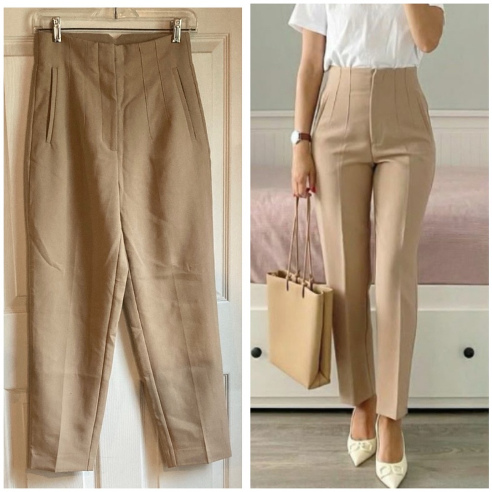 Zara High Rise Chino Slacks Bottoms Tan Sz Small
